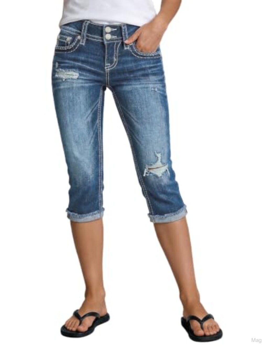 Women's Mid Rise Skinny Ripped Capri Jeans Cotton Stretch Denim